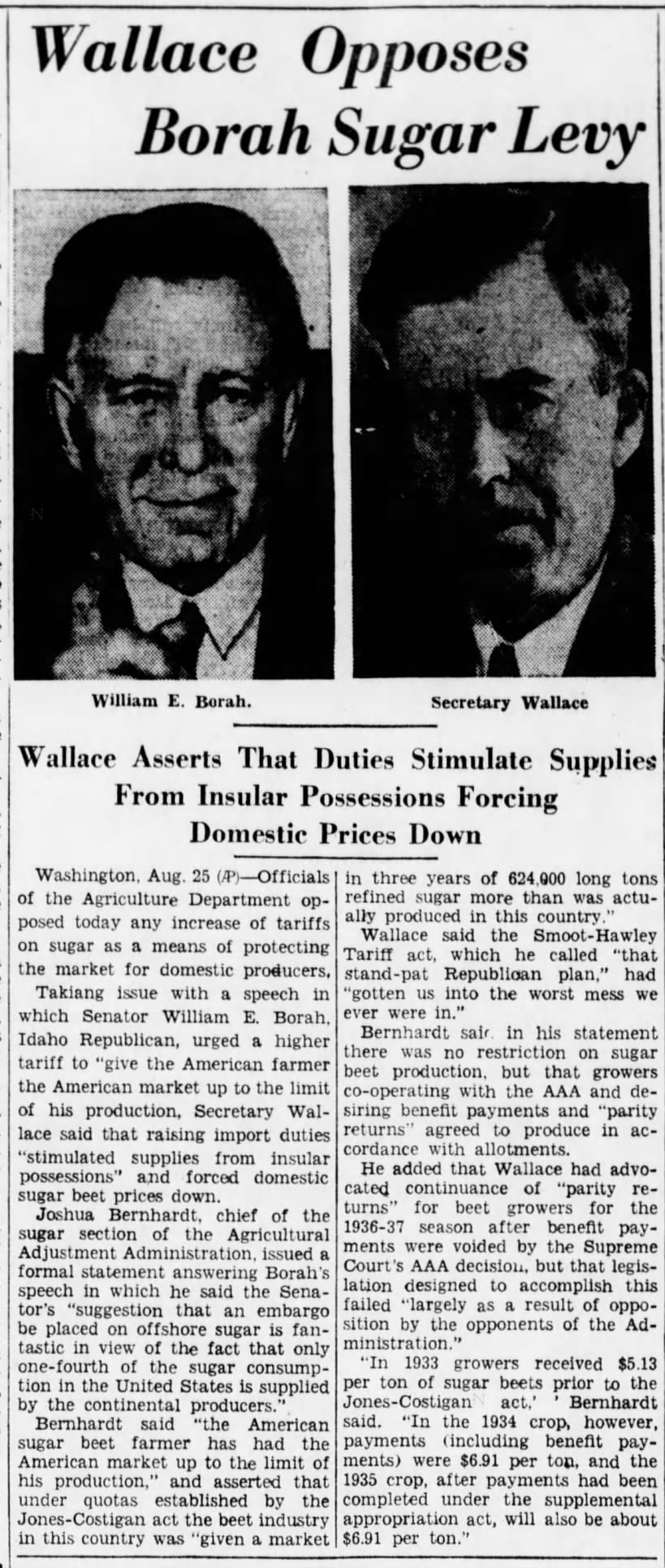 Wallace Opposes Borah Sugar Levy
Brooklyn Eagle, Aug. 25, 1936