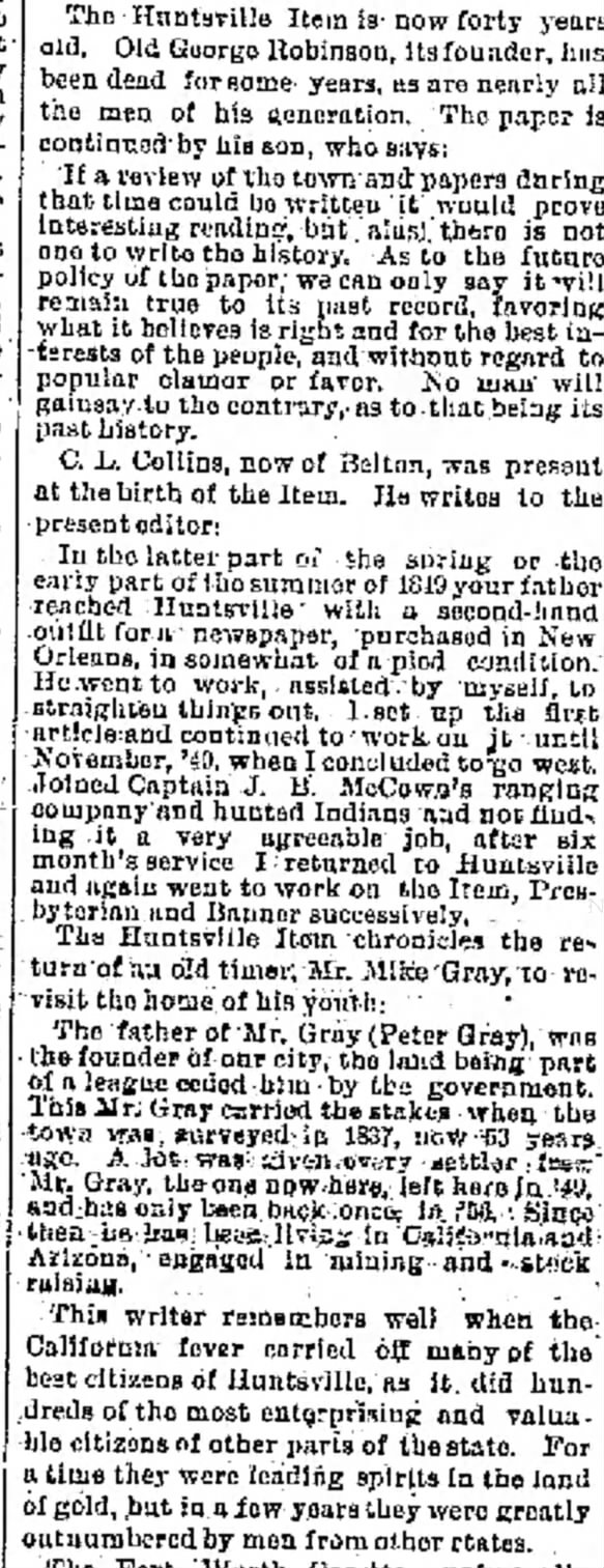 Gray returns to Huntsville; Huntsville Item founding