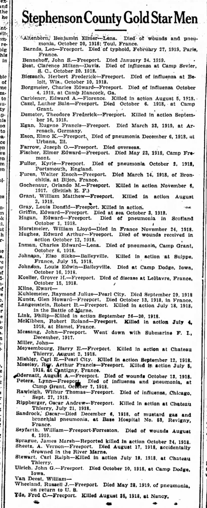 Stephenson County Gold Star Men
11 November 1921  Freeport Journal Standard, Freeport, Illinois