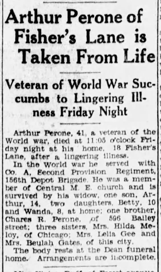 Arthur Perone's Obituary. 13 May1933. Wanda's Father.