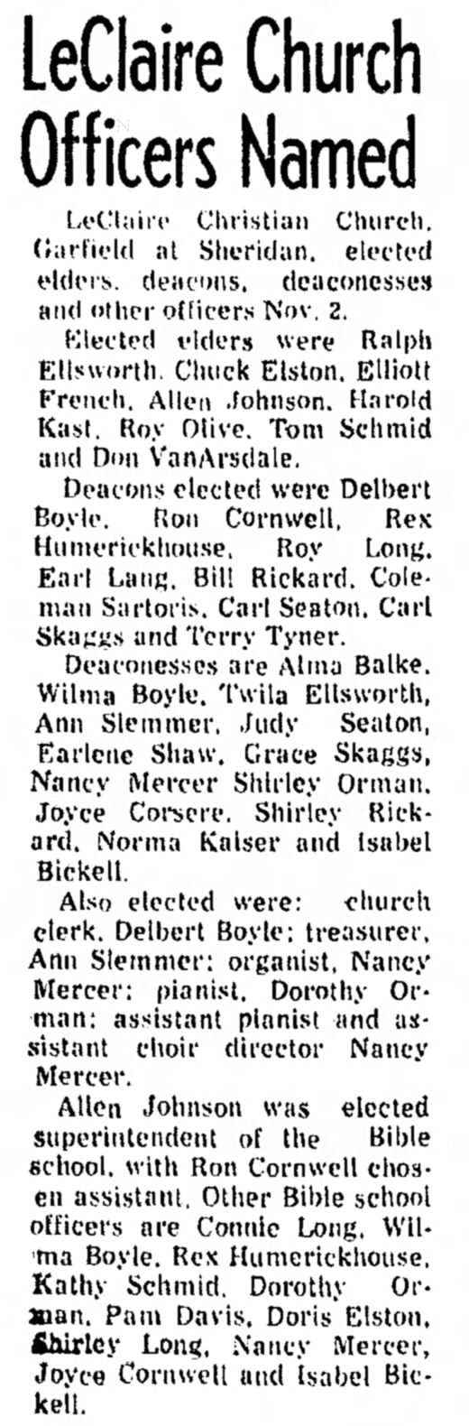 Nov. 7, 1975 LeClaire Church Officers Named