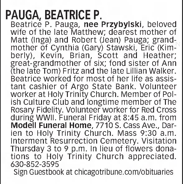 Beatrice Pauga Death Notice