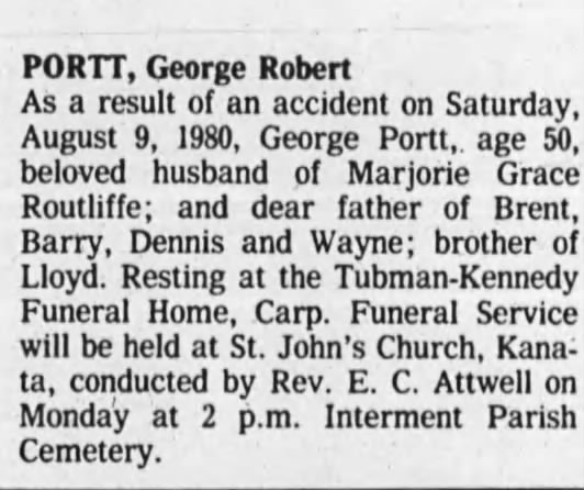 George Robert Portt Obituary
Ottawa Journal Aug 11, 1980