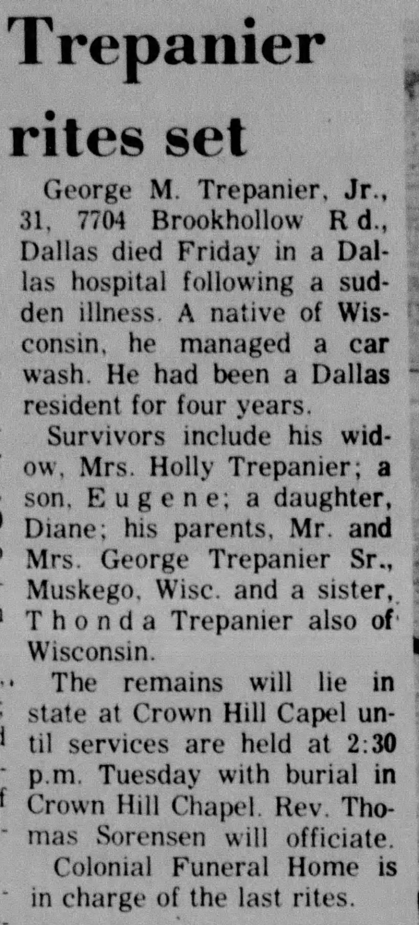 George M. Trepanier Jr Death Irving Daily News Feb 5, 1968