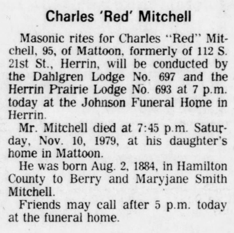 Charles James "Red" Mitchell 1979 Funeral Notice