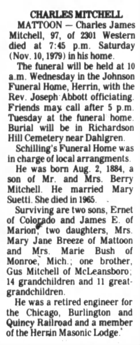 Charles James "Red" Mitchell 1979 Obituary