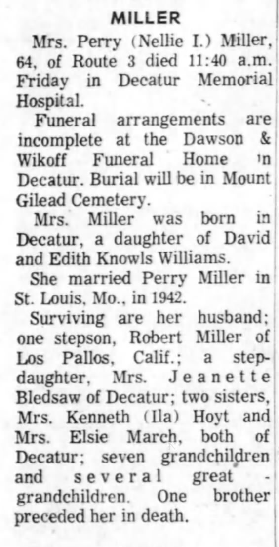 Nellie Irene (Williams) Miller 1971 Obituary