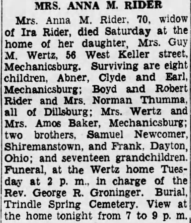Anna Mary Newcomer Rider obituary