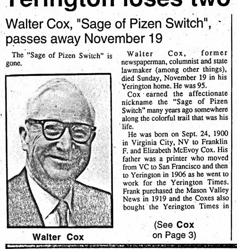 Obituary for Walter Cox Cox (Aged 95)