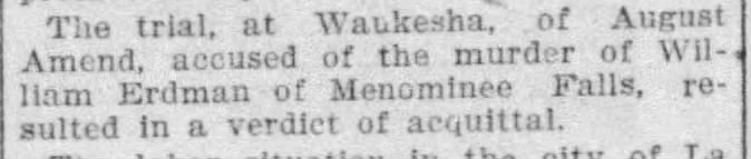 AMEND, Augustus Albert, The Oshkosh Northwestern, Oshkosh, WI, 1902 May 17, p9