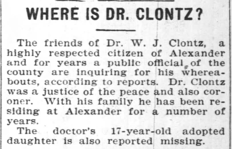 Dr. W. J. Clontz reported missing