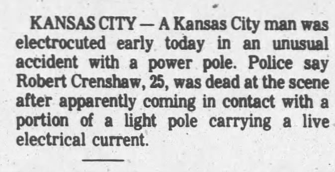 Robert Crenshaw electrocuted