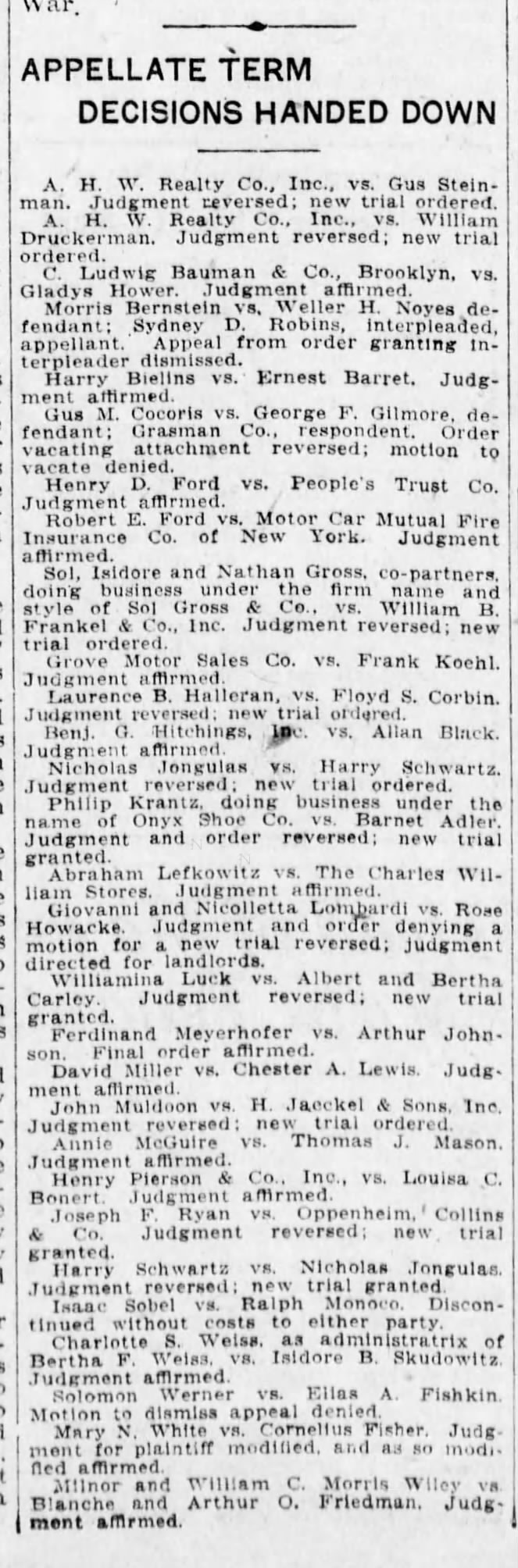Frank Koehl - Judgement Affirmed - Brooklyn Daily Eagle - 06/13/1921
