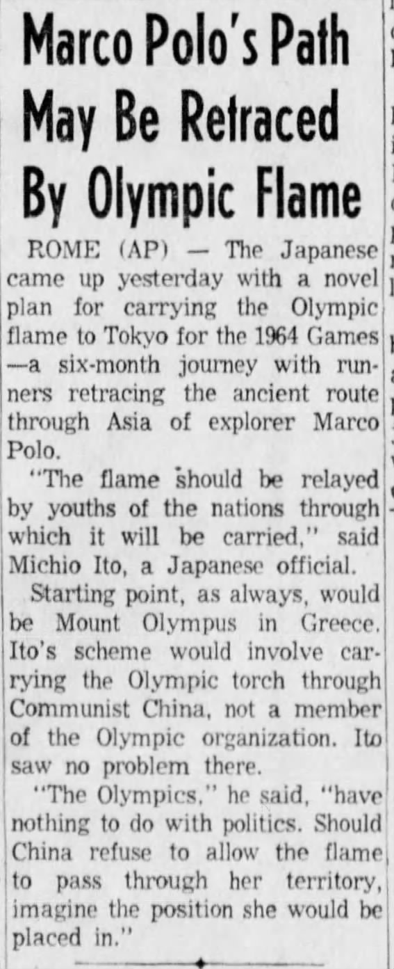 Olympic Flame's Path for the 1964 Olympics in Japan