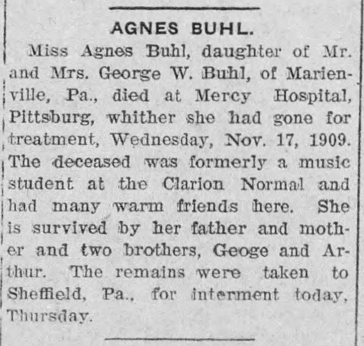 Obituary of Agnes Buhl, Clarion, Pennsylvania.
