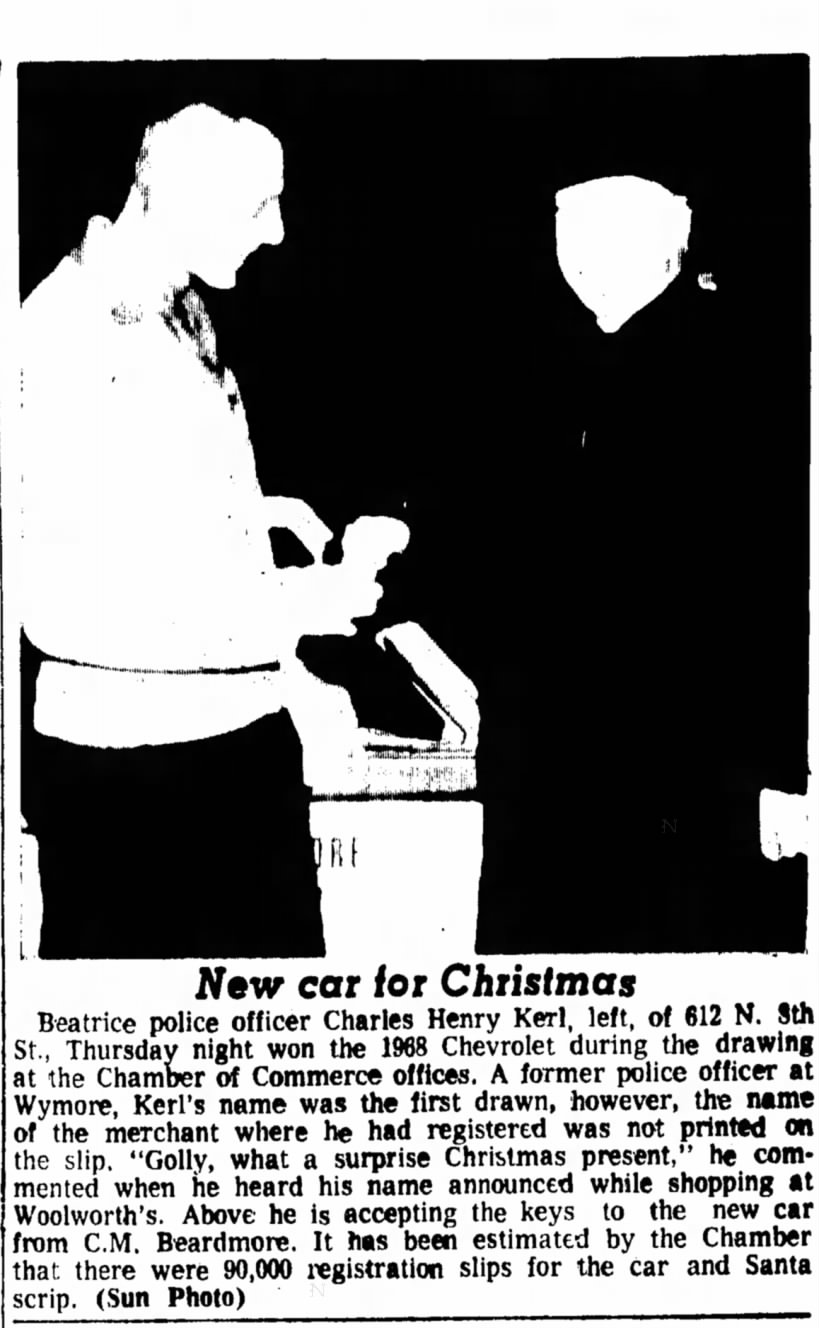 Kerl, Charles Henry wins car 22 Dec 1967