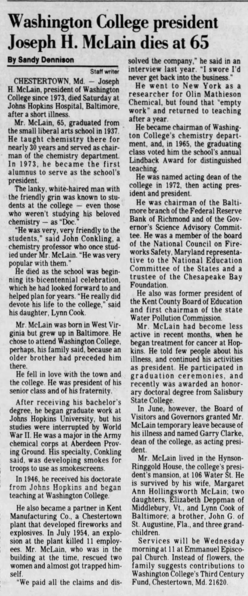 Washington College president Joseph H. McLain Obit 25 Jul 1981