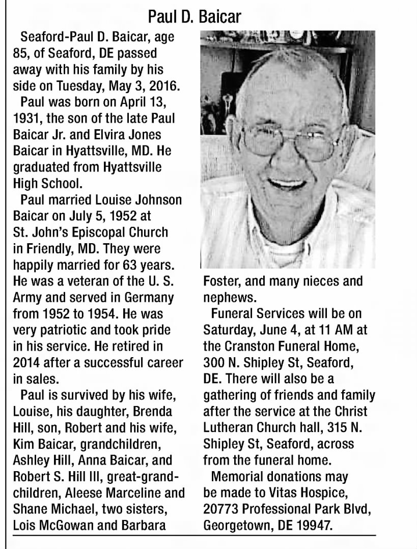 Paul D Baicar Obituary