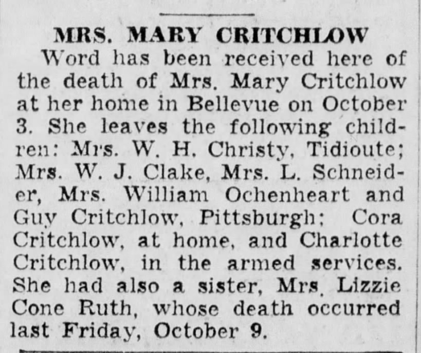 Mary Emmeline Griffin Critchlow Obituary 1942 Spouse George Washington Critchlow