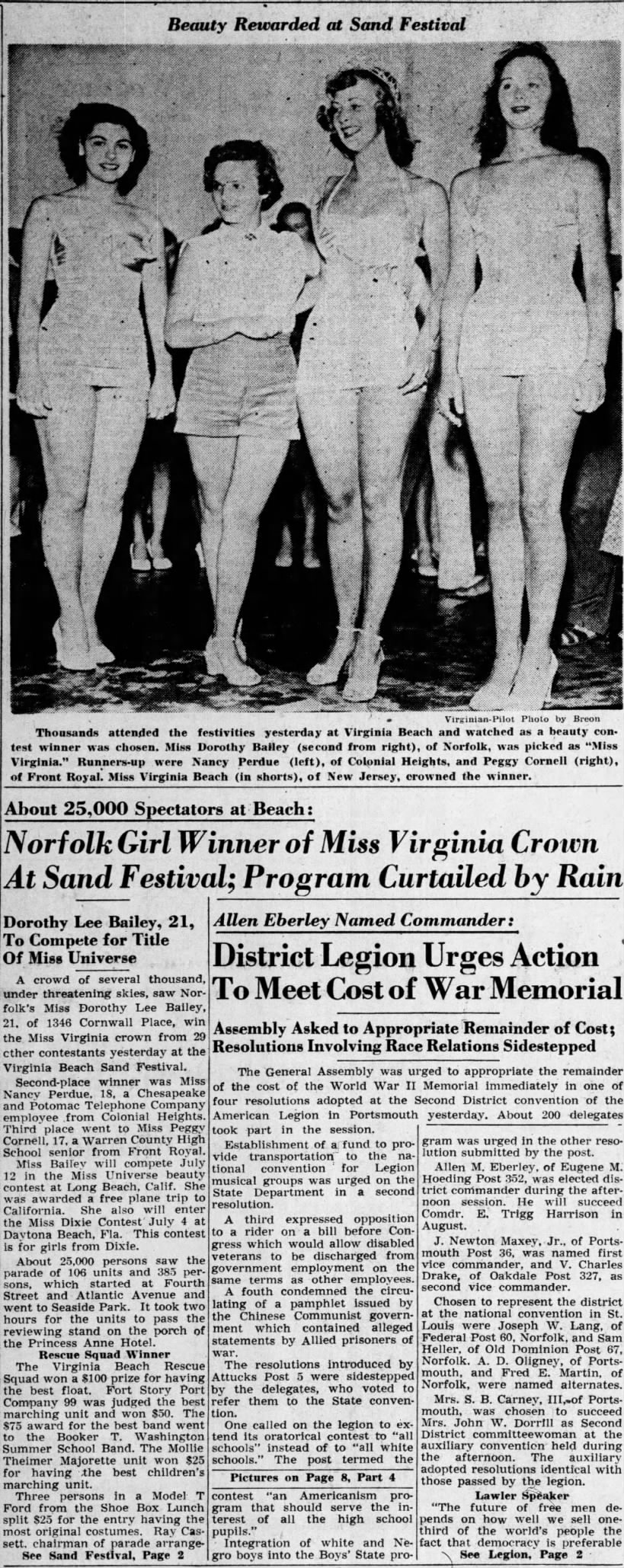Peggy Cornell 2nd runner up in Miss VA contest, June, 1953.