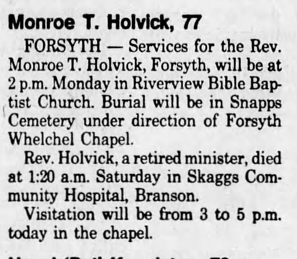 Monroe T Holvick Death Notice