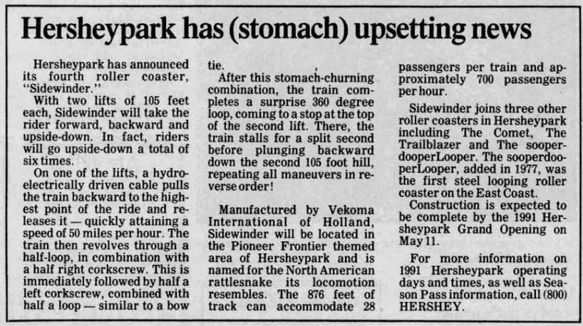 Hersheypark Sidewinder, 1991
