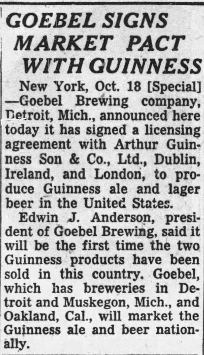 Guinness signs market Pact with Guinness Oct 19, 1954