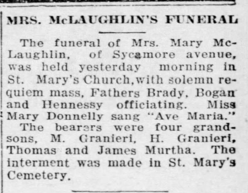 Obituary - Mary McLaughlin - grandsons bearers 10 Sep 1925