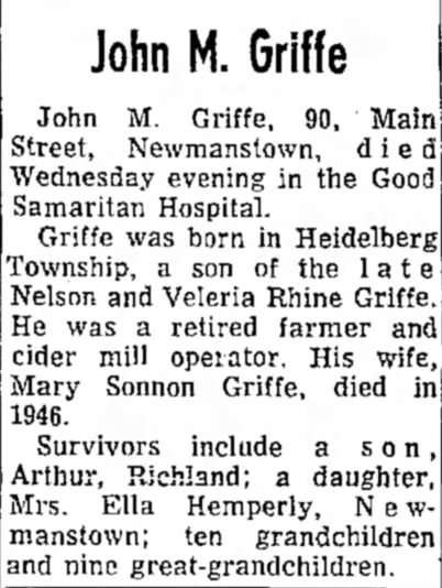 1971 Death John M Griffe son of Nelson & Veleria Rhine Griffe