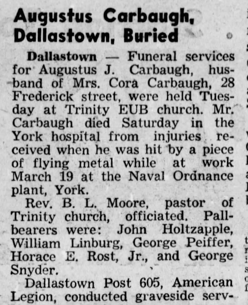 1951 Augustus J Carbaugh husband of Cora of Dallastown 1 of 2