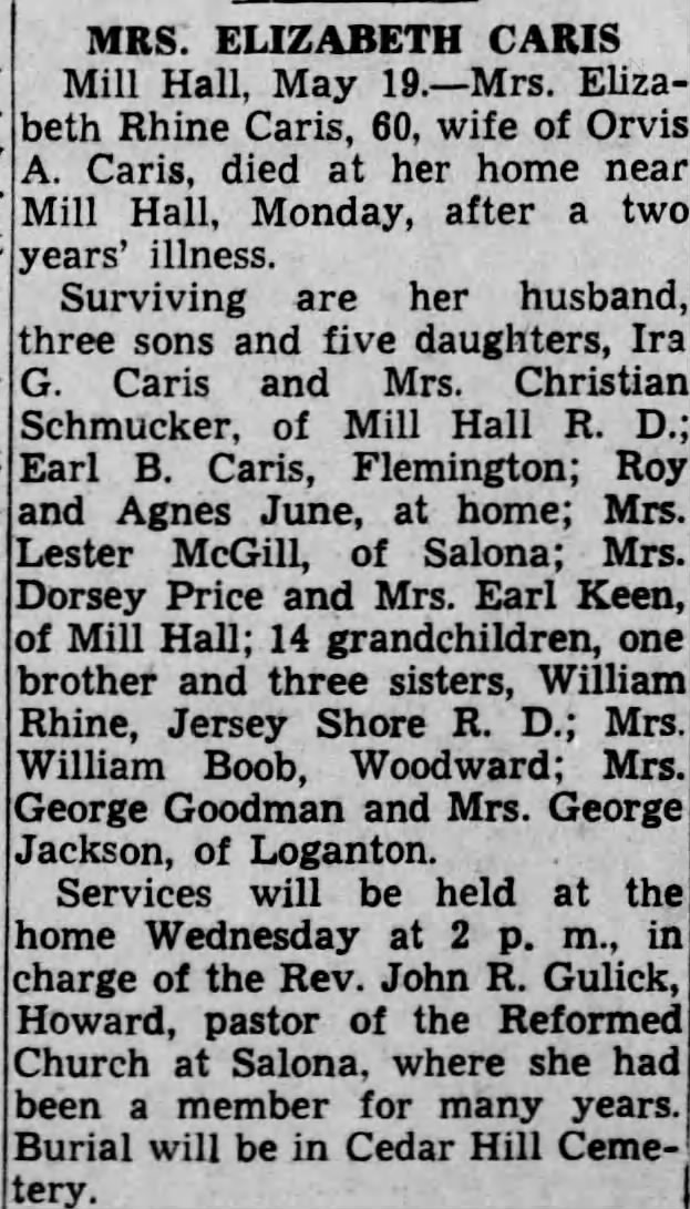 1942 Death Elizabeth Rhine Caris wife of Orvis near Mill Hall