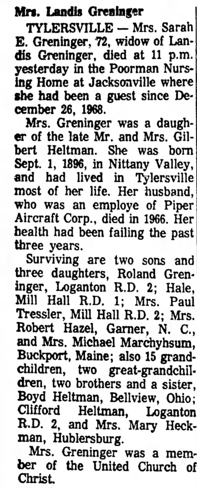 1969 Death Mrs Sarah E Heltman Greninger widow of Landis Graninger