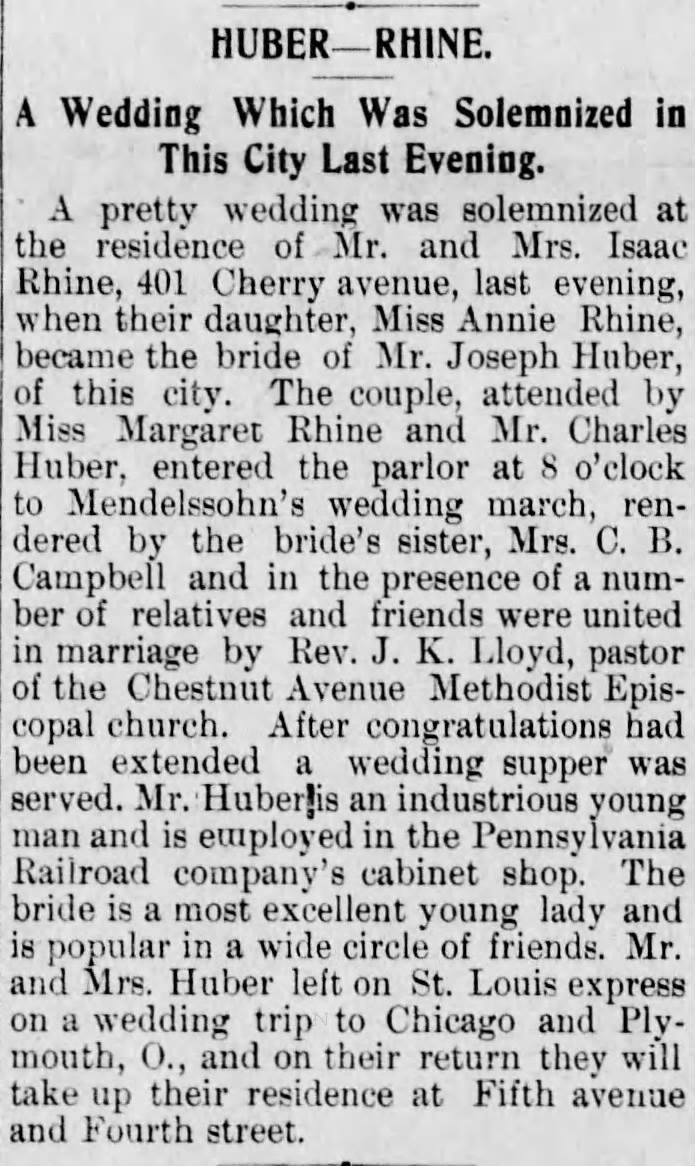 1903 Marriage Annia Rhine and Joseph Huber