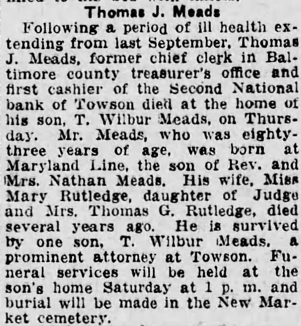 1935 Death Thomas J Meads at home of son T Wilbur Meads