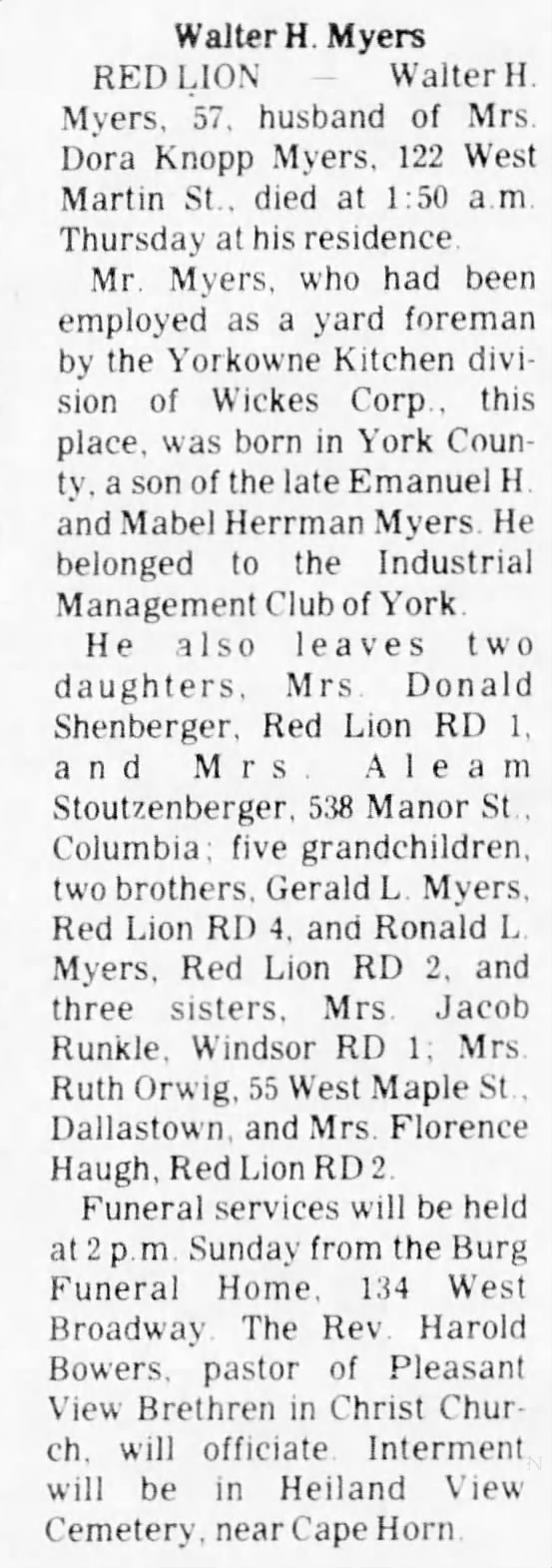1976 Death Walter H Myers of Red Lion