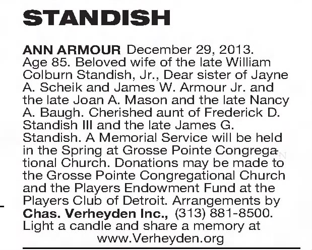 Ann Armour Standish Obituary Detroit Free Press 12 Jan 2014 Page A20