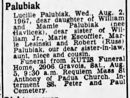 Lucille Palubiak  Obituary  St Louis MO Post-Dispatch  1967-8-4 Fri  Pg 22