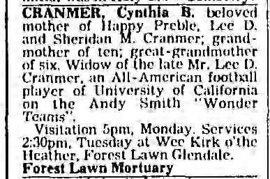 Cynthia Billie Bayne Cranmer - Obituary - Los Angeles CA Times - 1992-3-1 Sun - Pg 513