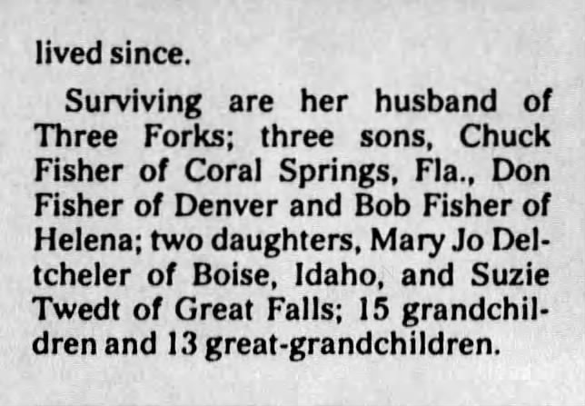 Polly Chryst Fisher Obit Col 2 Great Falls MT Tribune 1994-4-23 Sat Pg 14