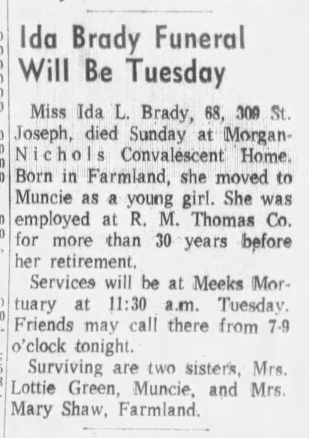 Ida Brady - Obituary - Muncie IN Evening Press - 1972-7-24 Mon - Pg 23
