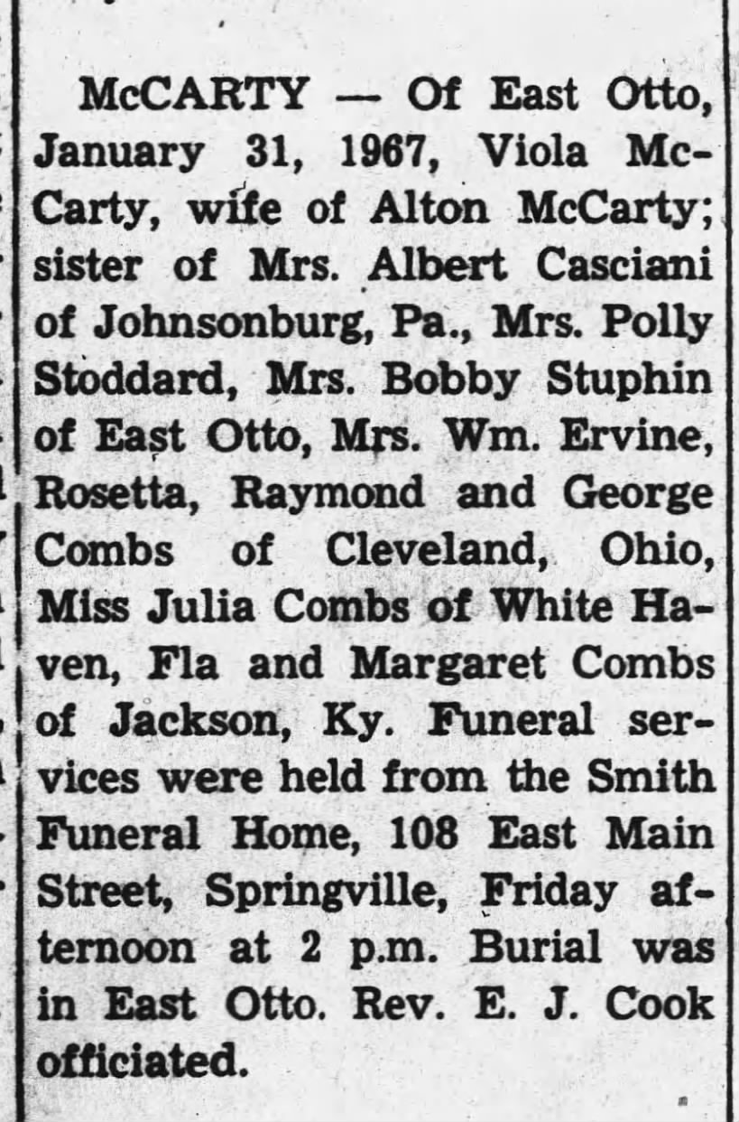 Viola Combs McCarty  Obituary  Springville NY Journal  1967-2-9 Thu  Pg 8