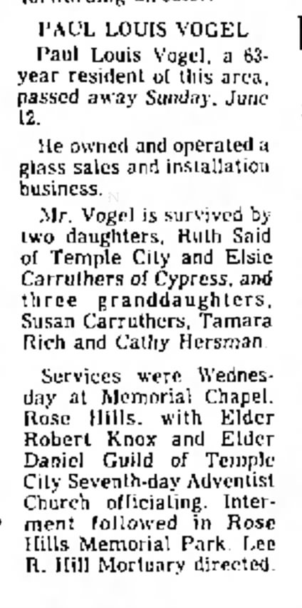 Paul Vogel - Obituary - Arcadia CA Tribune - 1977-6-16 Thu - Pg 76
