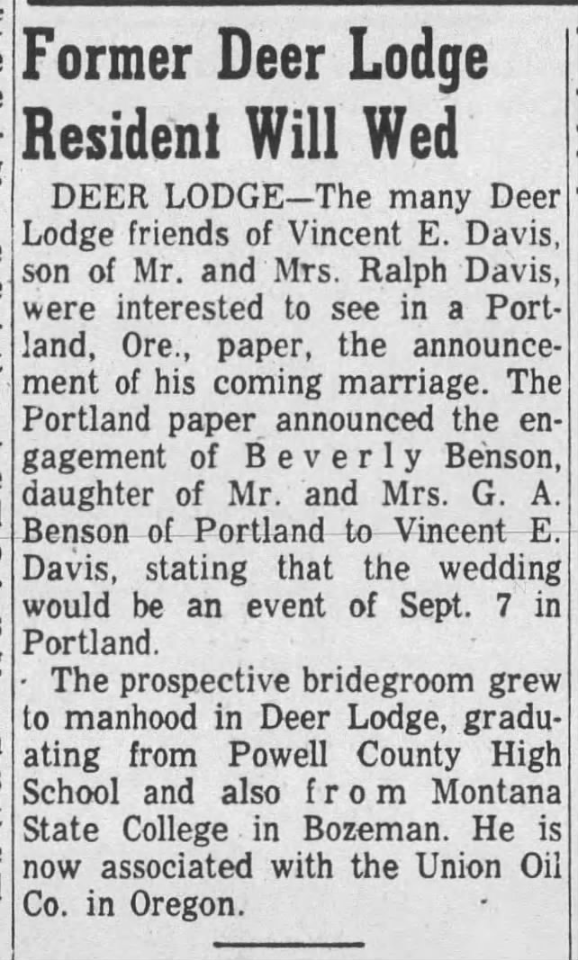 Vincent Davis  Beverly Benson  Engaged Butte Montana Standard  1957-7-28 Sun  Pg 18