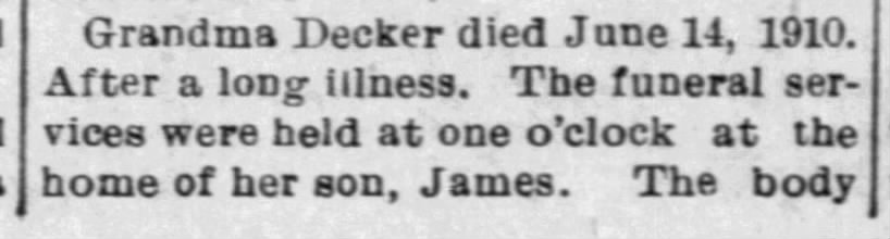 Catherine Baughman Decker  Obit Pt 1  Oberlin KS Decatur County News  1910-6-23 Thu  Pg 2
