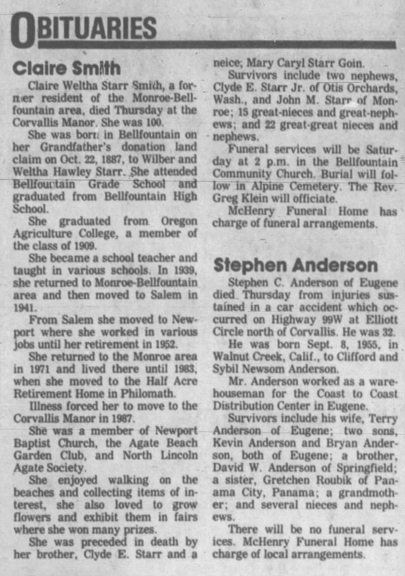 Claire Weltha Starr Smith  Obituary  Corvallis OR Gazette-Times  1987-11-27 Fri  Pg 14