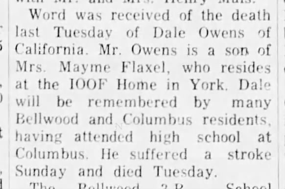 William Dale Owens  Death  David City NE Banner-Press  1967-12-7 Thu  Pg 13