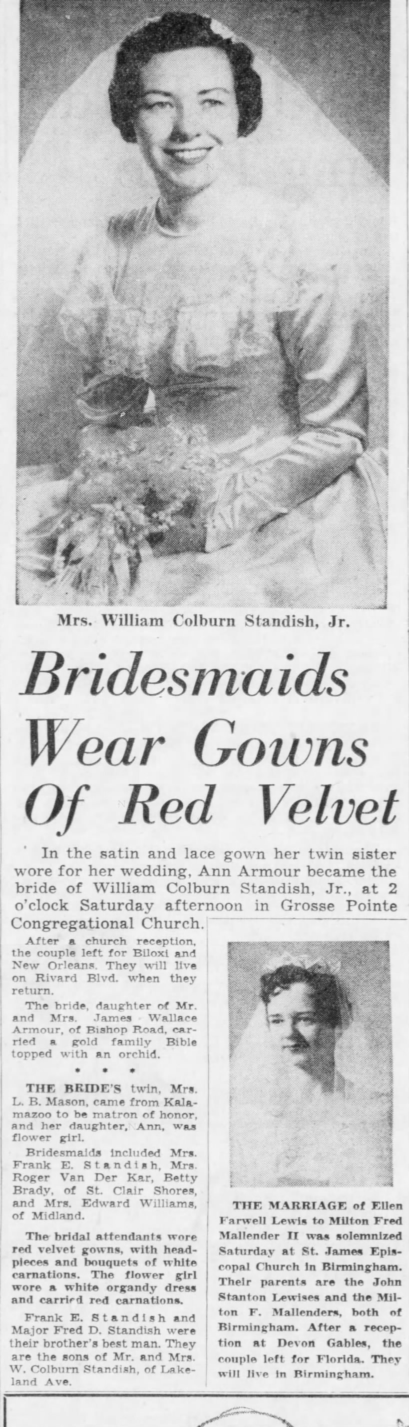 William Colburn Standish Jr - Ann Armour Wedding Detroit Free Press 16 Feb 1958 Page 33