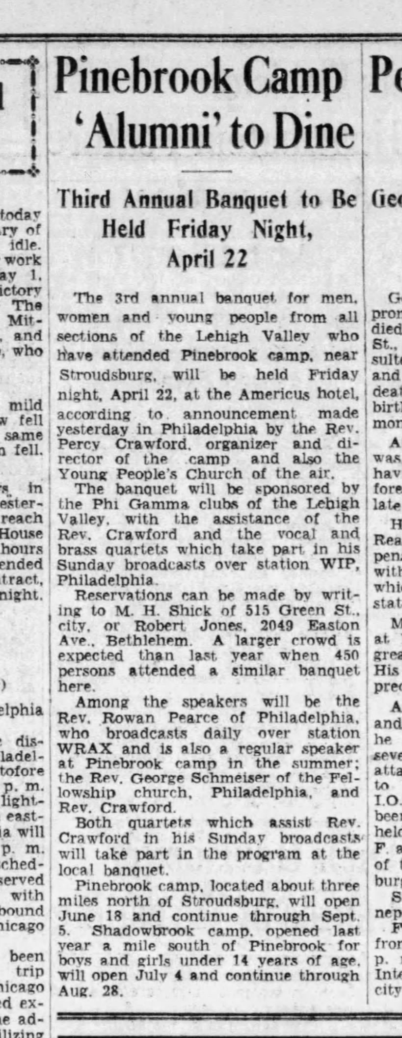 Shadowbrook Camp info, April 1938