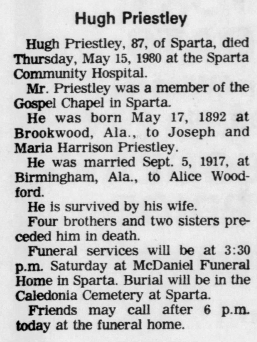 Obituary for Hugh Priestley, 1892-1980 (Aged 87)