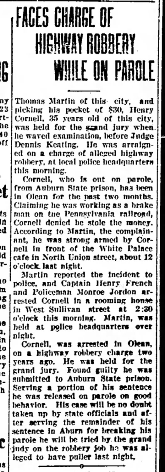 Faces Charge of Highway Robbery While on Parole - Times Herald (Olean, NY) - 29 March 1924